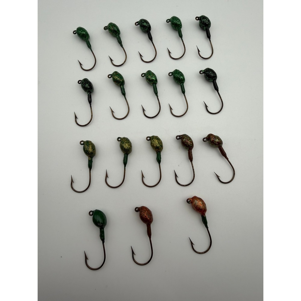 18pc Handmade Assorted Fishing Jig Heads Glitter Green Brown Weighted Hooks